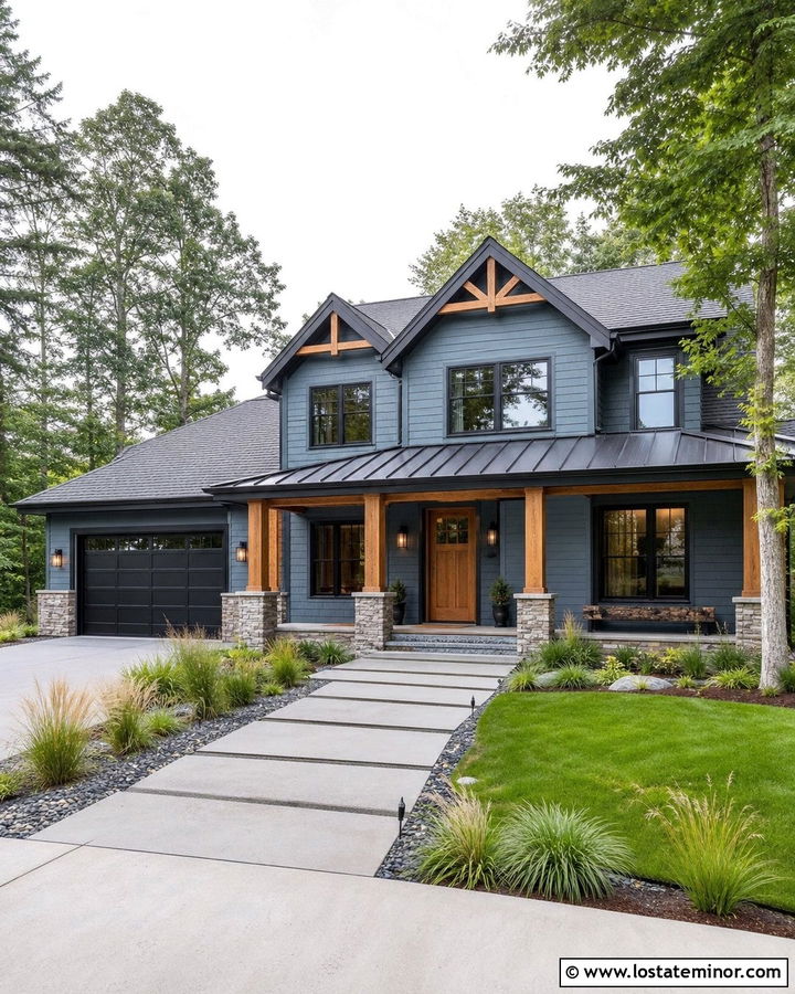 Dusty Blue House With Cedar Columns And Black Trim - 30 Dusty Blue House Design With Porch Columns Ideas