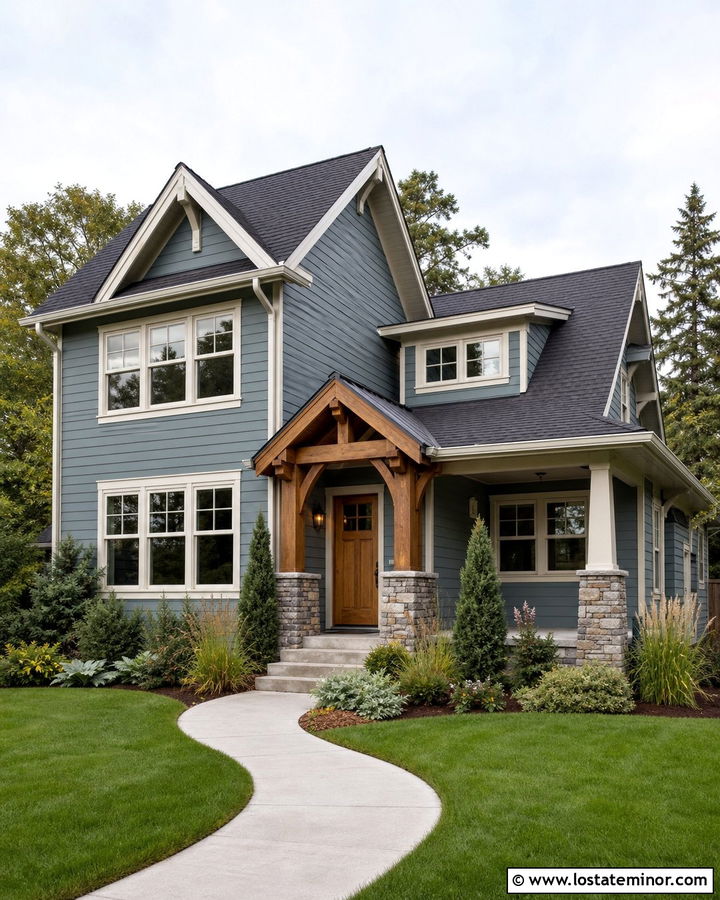 Dusty Blue House With Cedar Door Awning - 30 Dusty Blue House Design With Awning Ideas