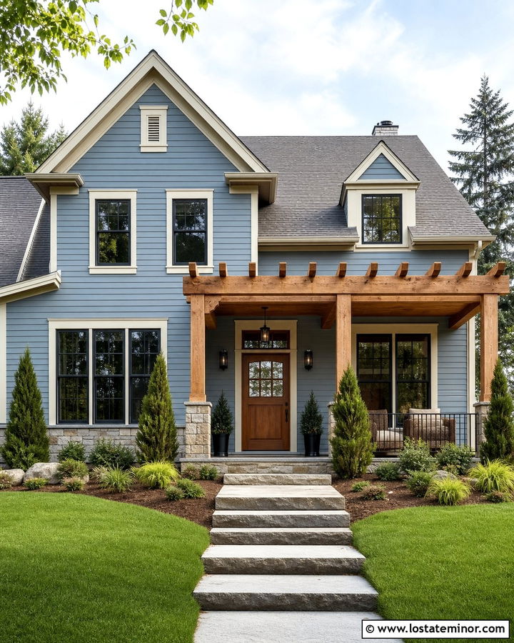 Dusty Blue House With Cedar Pergola - 30 Dusty Blue House Design With Pergola Ideas