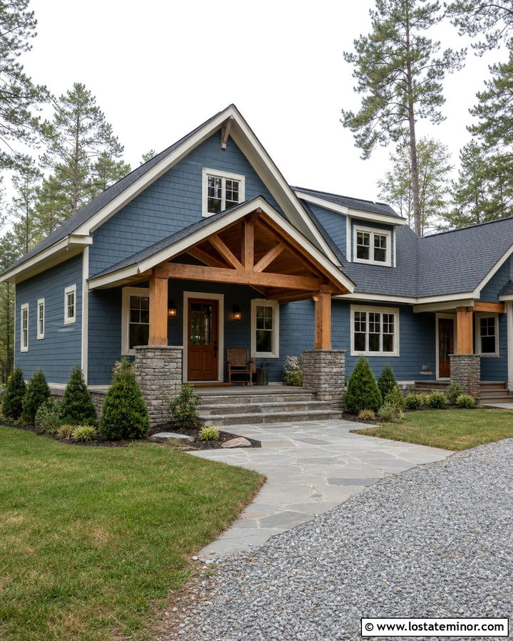 Dusty Blue House With Cedar Porch Gables - 30 Dusty Blue House Design With Gables Ideas