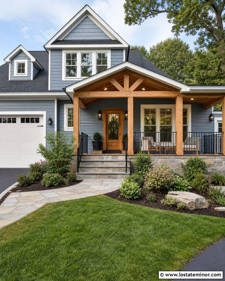Dusty Blue House With Cedar Porch Lighting - 30 Dusty Blue House Design With Lighting Ideas