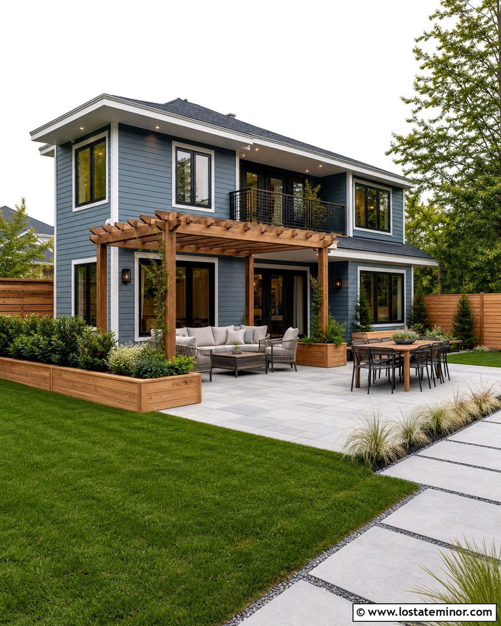 Dusty Blue House With Cedar Privacy Fence - 30 Dusty Blue House Design With Backyard Ideas