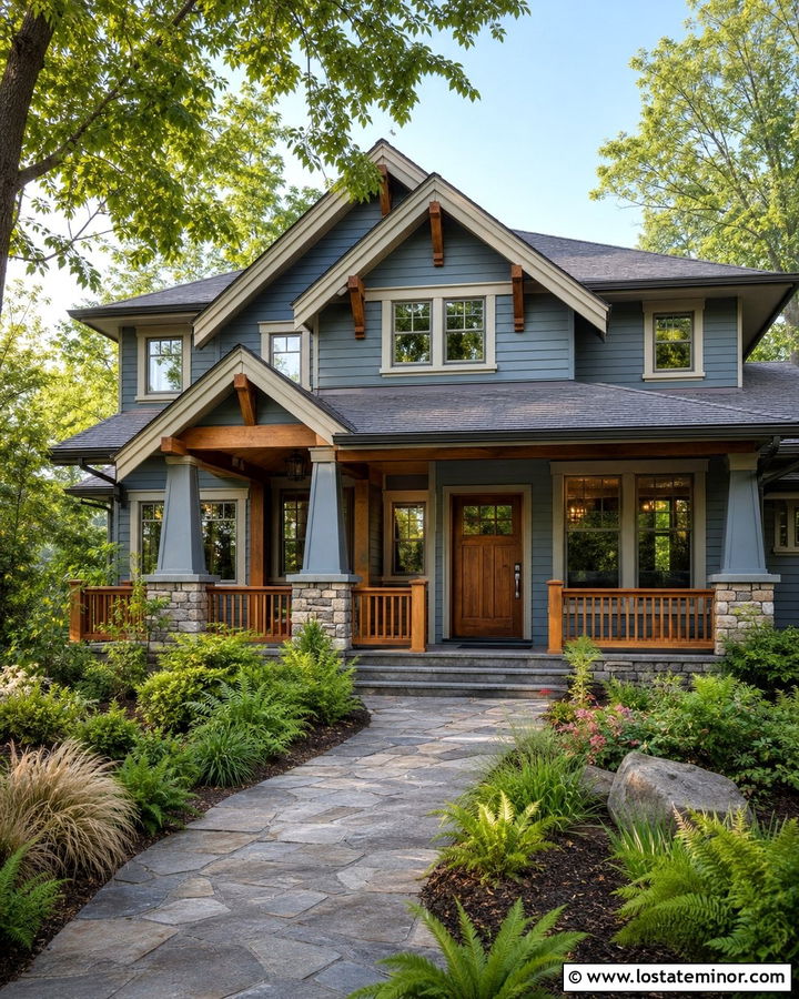Dusty Blue House With Cedar Railings - 30 Dusty Blue House Design With Railings Ideas