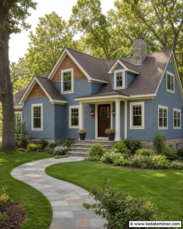 Dusty Blue House With Cedar Shake And Cream Trim - 30 Dusty Blue House Design With Cedar Shake Ideas