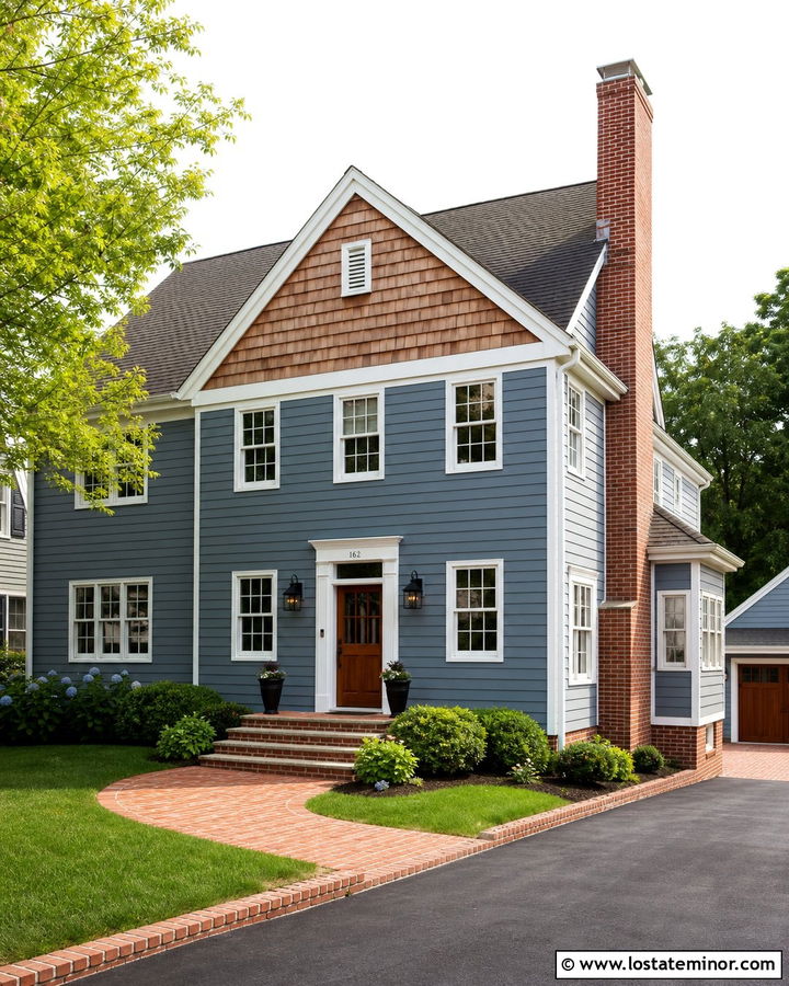 Dusty Blue House With Cedar Shake And Red Brick - 30 Dusty Blue House Design With Cedar Shake Ideas