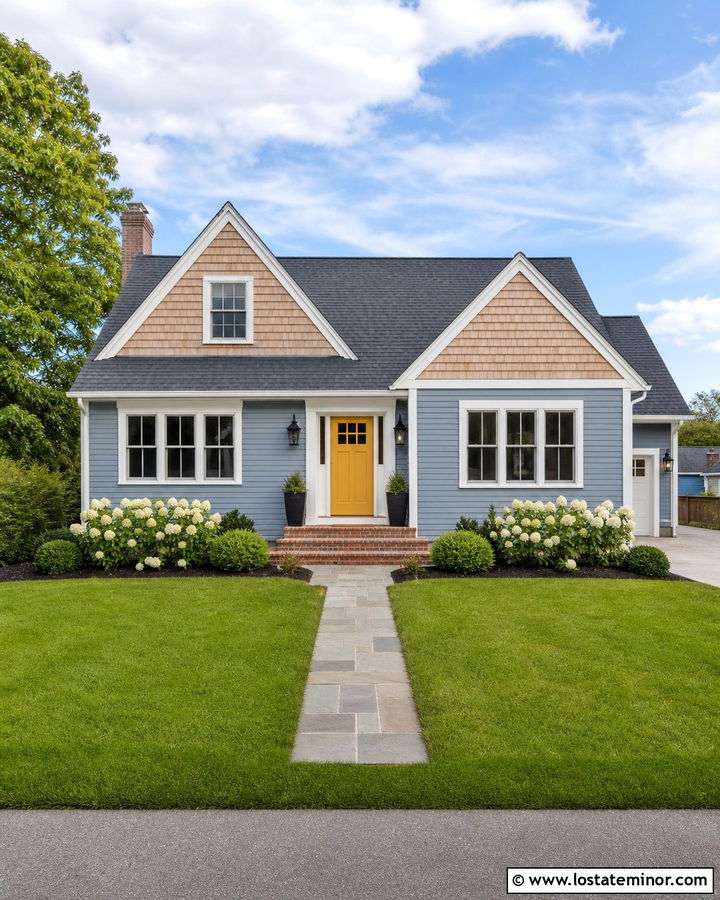 Dusty Blue House With Cedar Shake And Yellow Door - 30 Dusty Blue House Design With Cedar Shake Ideas