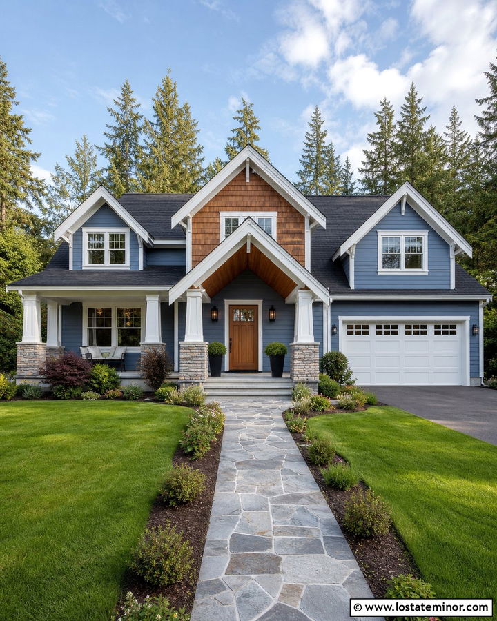 Dusty Blue House With Cedar Shake Front Door - 30 Dusty Blue House Design With Cedar Shake Ideas