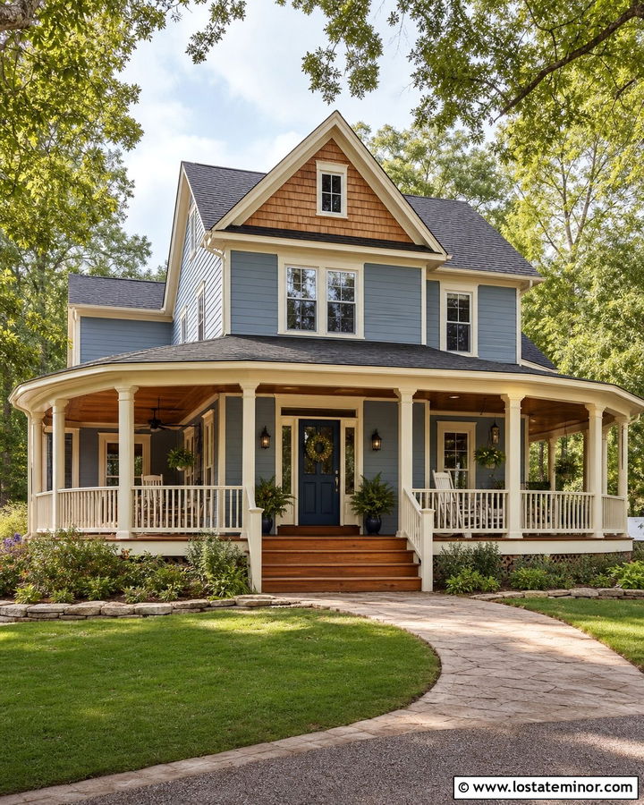 Dusty Blue House With Cedar Shake Wraparound Porch - 30 Dusty Blue House Design With Cedar Shake Ideas
