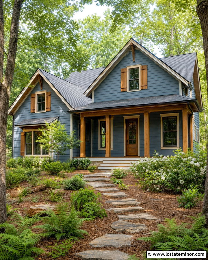Dusty Blue House With Cedar Shutters And Woodland Front Yard - 30 Dusty Blue House Design With Front Yard Ideas