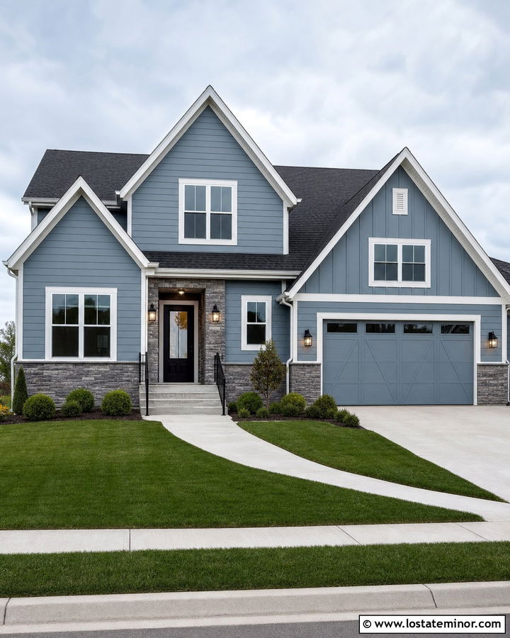 Dusty Blue House With Charcoal Door And Stone - 30 Dusty Blue House Design With Stone Accents Ideas