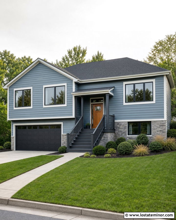 Dusty Blue House With Charcoal Gray Railings - 30 Dusty Blue House Design With Railings Ideas