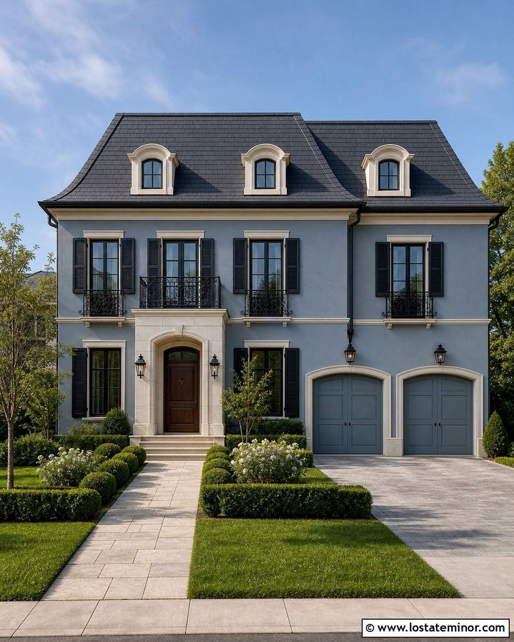 Dusty Blue House With Charcoal Mansard Roof - 30 Dusty Blue House Design With Roof Ideas