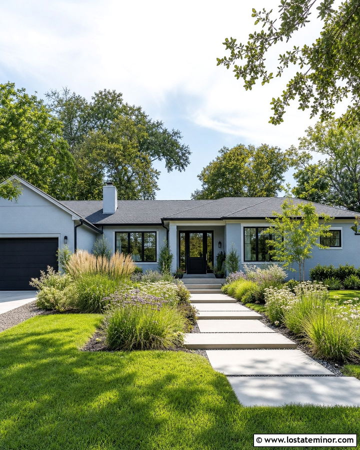 Dusty Blue House With Charcoal Roof And Grass Front Yard - 30 Dusty Blue House Design With Front Yard Ideas