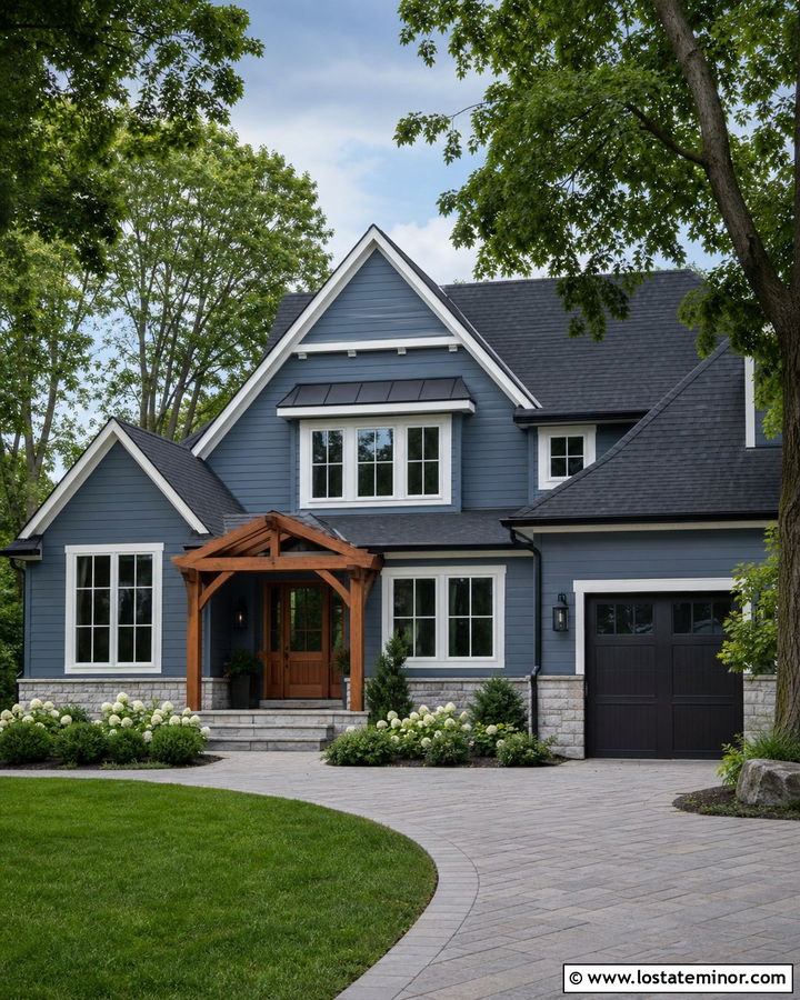 Dusty Blue House With Charcoal Roof And Pergola - 30 Dusty Blue House Design With Pergola Ideas