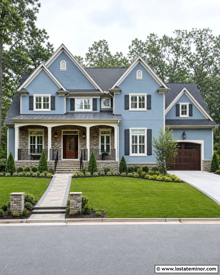 Dusty Blue House With Charcoal Shutters And Stone - 30 Dusty Blue House Design With Shutters Ideas