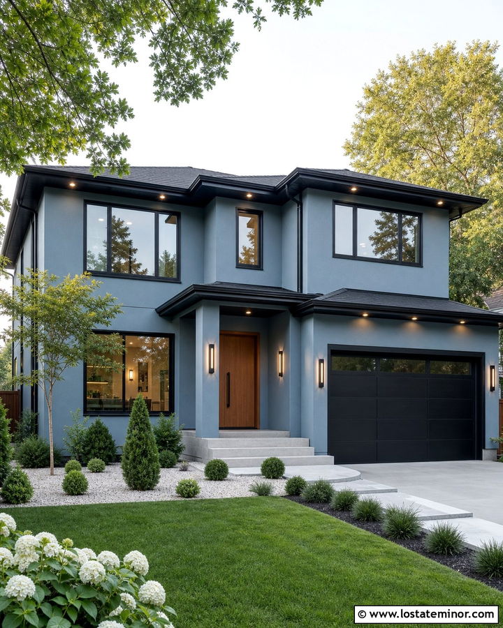 Dusty Blue House With Charcoal Trim And Downlights - 30 Dusty Blue House Design With Lighting Ideas