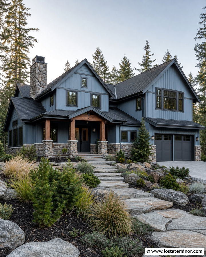 Dusty Blue House With Charcoal Trim And Stone - 30 Dusty Blue House Design With Trim Ideas