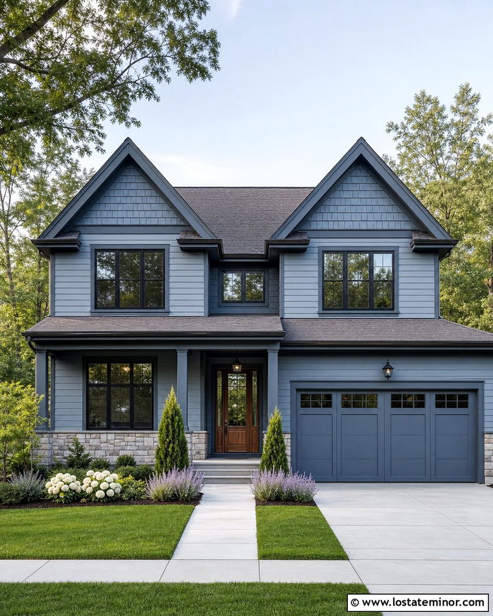 Dusty Blue House With Charcoal Trim And Twin Gables - 30 Dusty Blue House Design With Gables Ideas