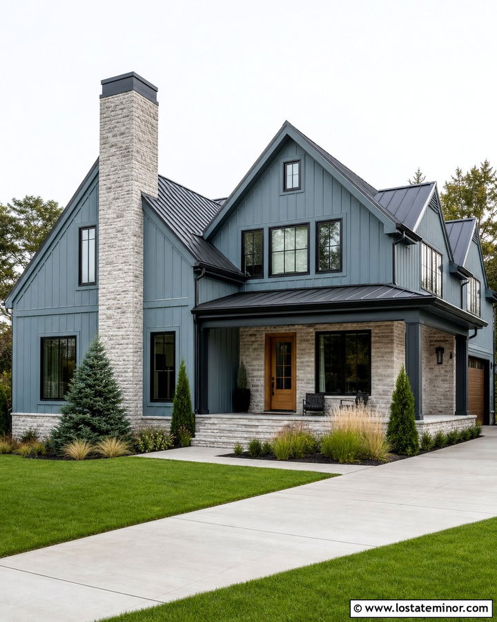 Dusty Blue House With Chimney And Black Windows - 30 Dusty Blue House Design With Chimney Ideas