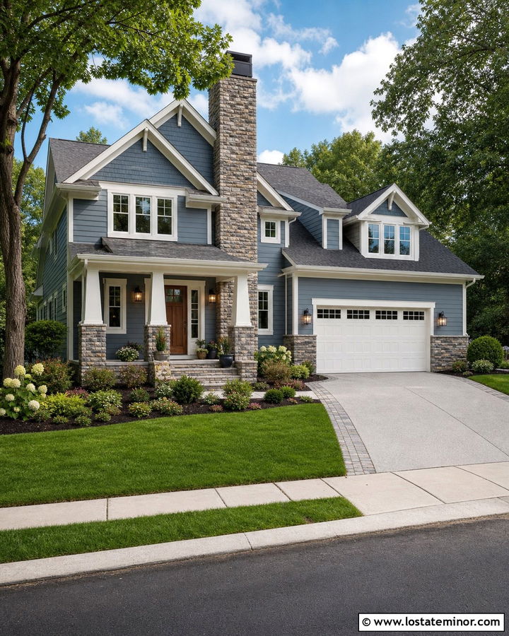 Dusty Blue House With Chimney And Garage - 30 Dusty Blue House Design With Chimney Ideas