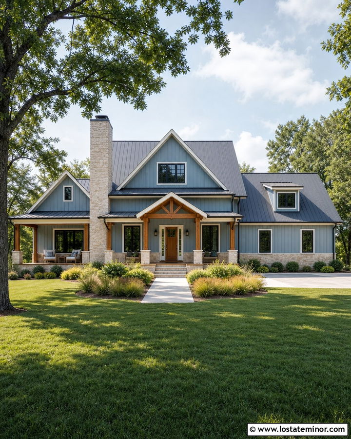 Dusty Blue House With Chimney And Metal Roof - 30 Dusty Blue House Design With Chimney Ideas