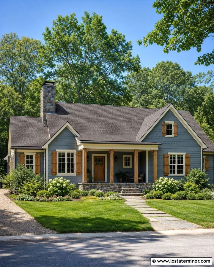 Dusty Blue House With Chimney And Wood Shutters - 30 Dusty Blue House Design With Chimney Ideas