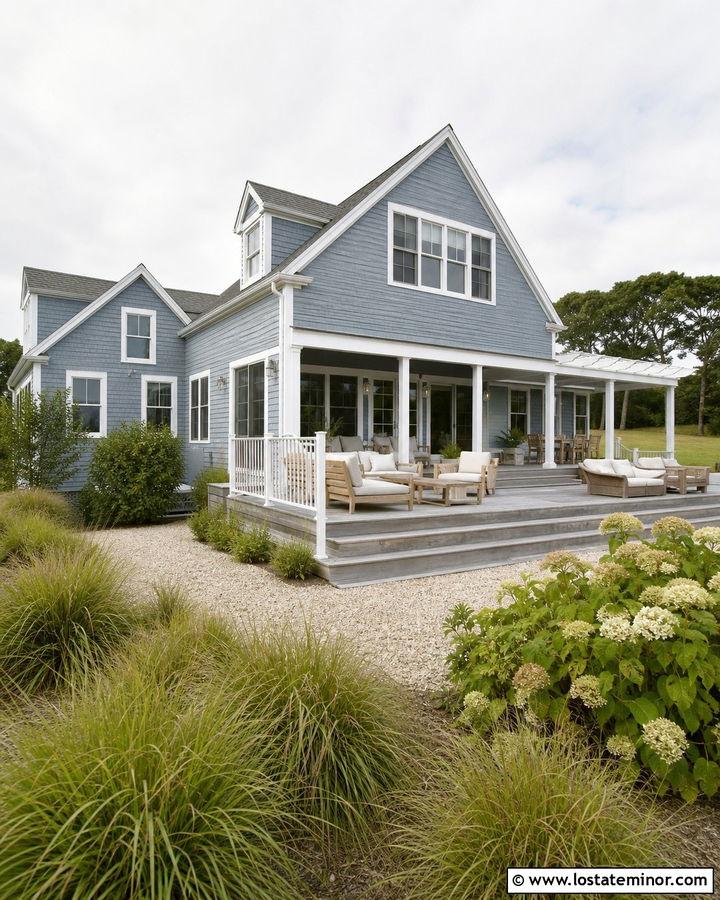 Dusty Blue House With Coastal Backyard - 30 Dusty Blue House Design With Backyard Ideas