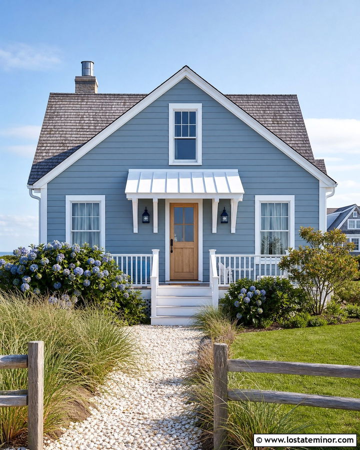 Dusty Blue House With Coastal Door Awning - 30 Dusty Blue House Design With Awning Ideas