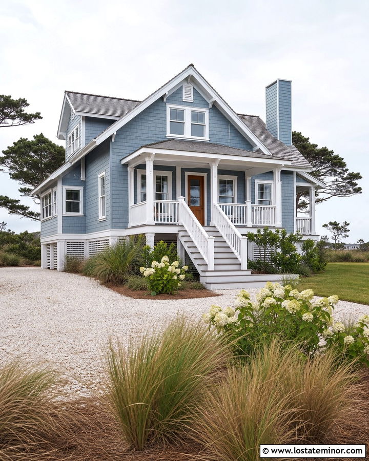 Dusty Blue House With Coastal Porch Steps - 30 Dusty Blue House Design With Steps Ideas