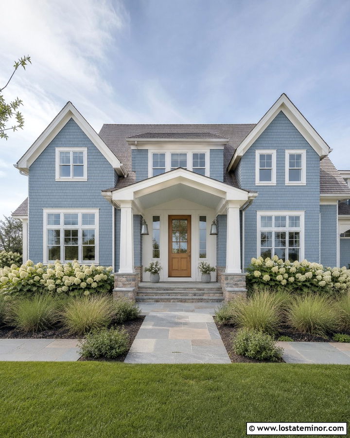 Dusty Blue House With Coastal Portico - 30 Dusty Blue House Design With Portico Ideas
