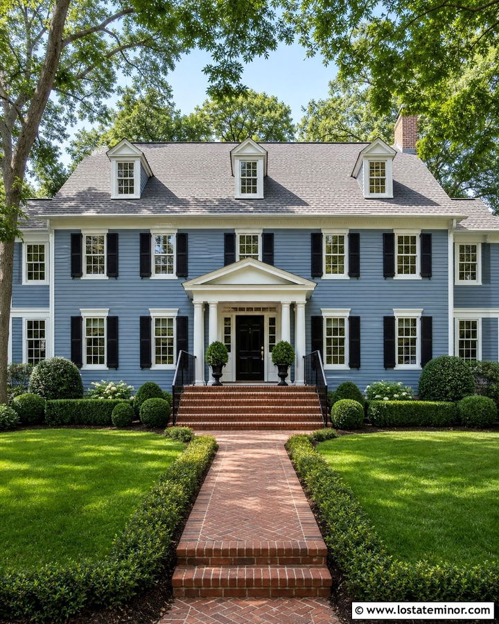 Dusty Blue House With Colonial Brick Steps - 30 Dusty Blue House Design With Steps Ideas