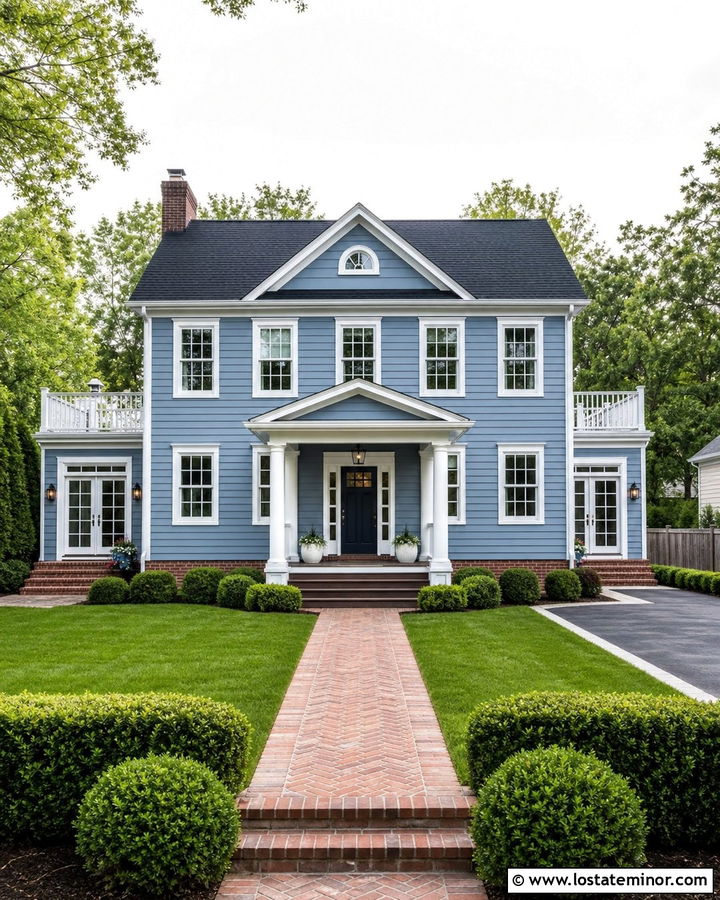 Dusty Blue House With Colonial Deck - 30 Dusty Blue House Design With Deck Ideas