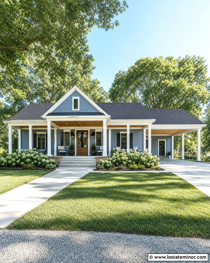Dusty Blue House With Connected Porch And Carport - 30 Dusty Blue House Design With Carport Ideas