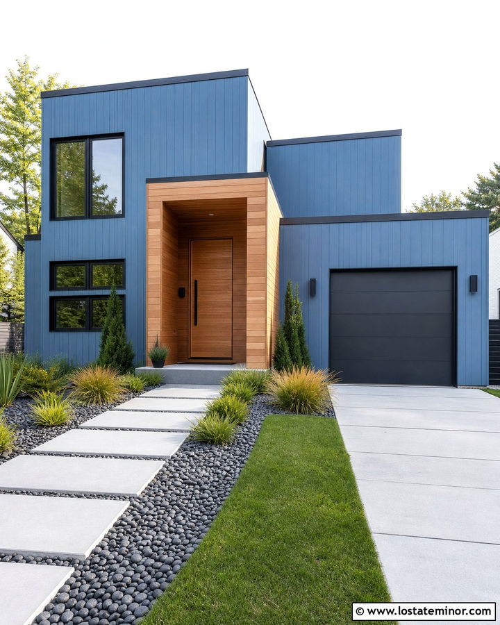 Dusty Blue House With Contemporary Wood Portico - 30 Dusty Blue House Design With Portico Ideas