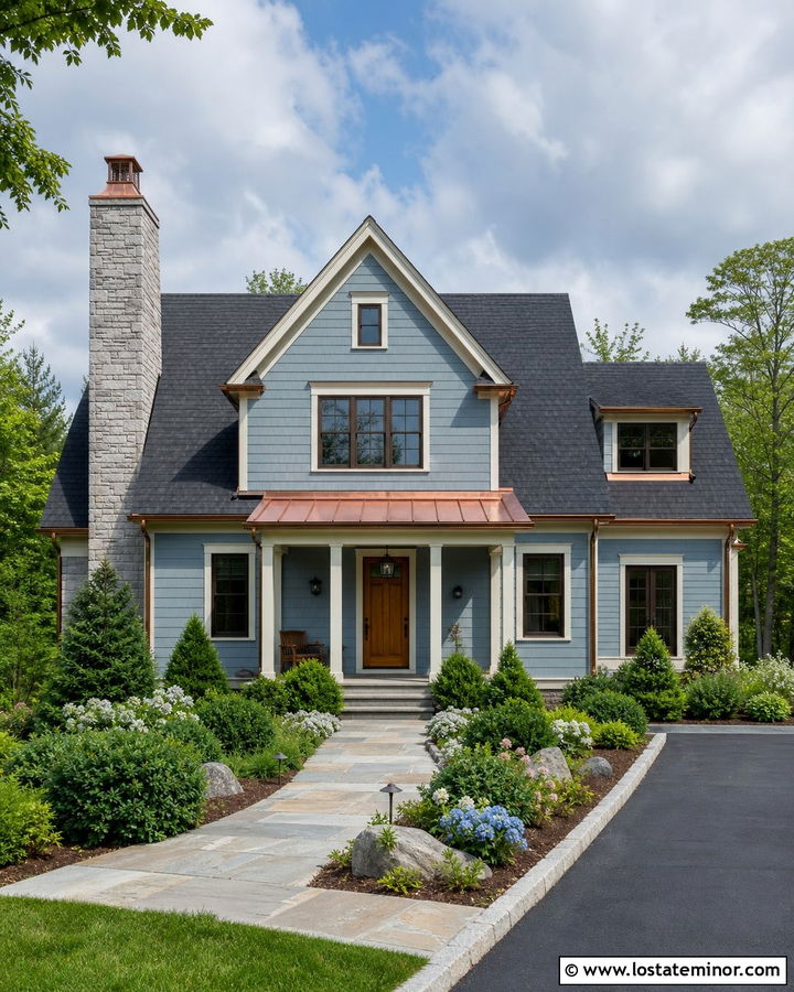 Dusty Blue House With Copper Chimney Cap - 30 Dusty Blue House Design With Chimney Ideas