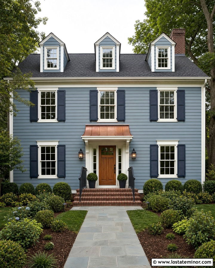 Dusty Blue House With Copper Door Awning - 30 Dusty Blue House Design With Awning Ideas