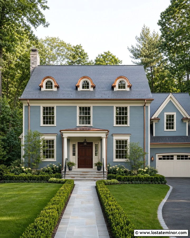 Dusty Blue House With Copper Dormer Roofs - 30 Dusty Blue House Design With Dormers Ideas