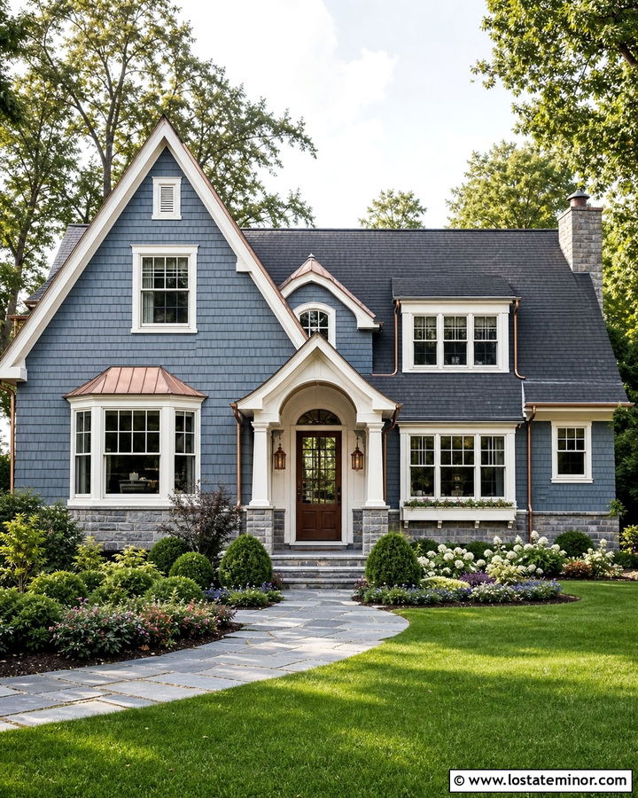 Dusty Blue House With Copper Gable Details - 30 Dusty Blue House Design With Gables Ideas
