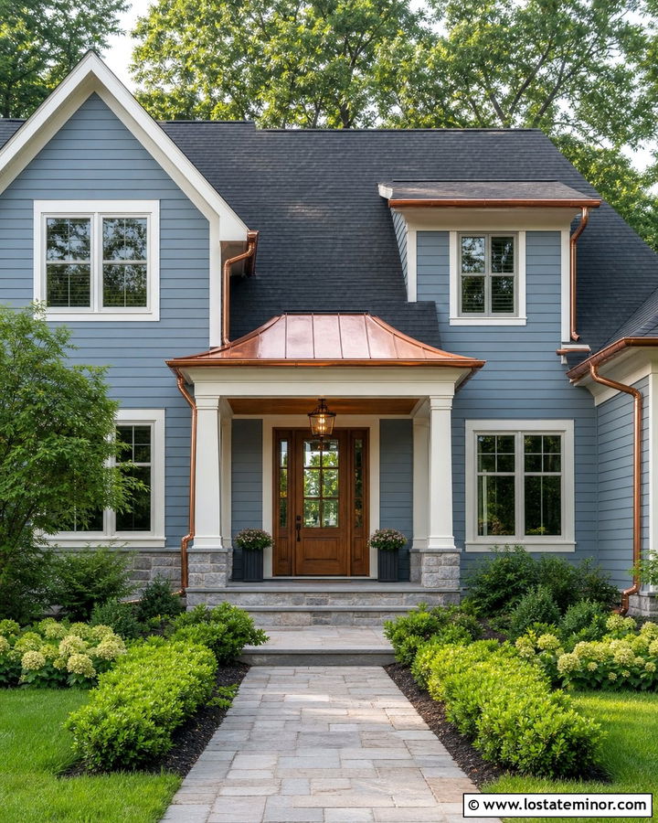 Dusty Blue House With Copper Gutters And Wood Accents - 30 Dusty Blue House Design With Accents Ideas