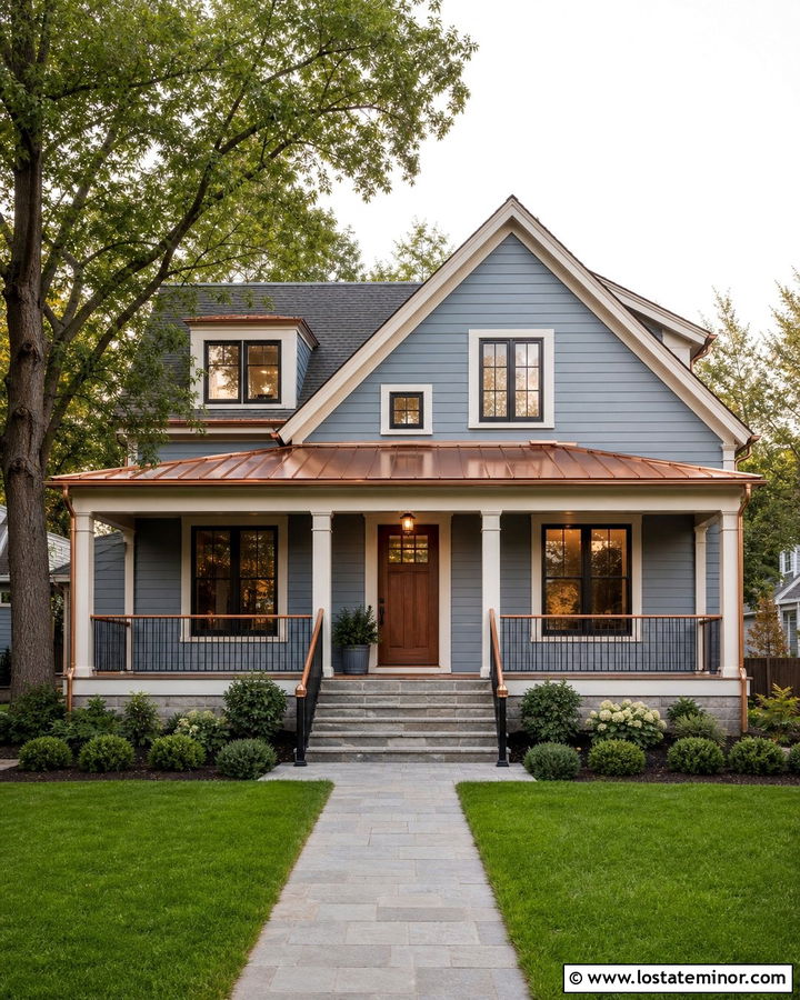 Dusty Blue House With Copper Railings - 30 Dusty Blue House Design With Railings Ideas