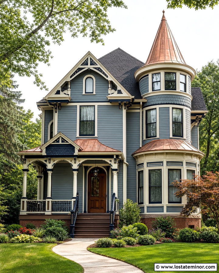 Dusty Blue House With Copper Roof Accents - 30 Dusty Blue House Design With Roof Ideas