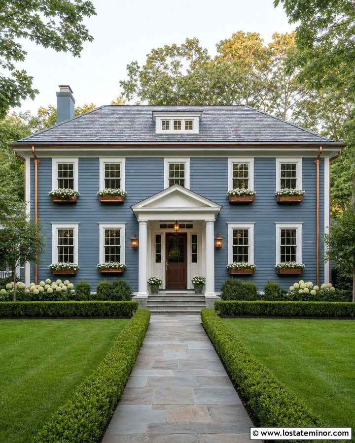 Dusty Blue House With Copper Window Boxes - 30 Dusty Blue House Design With Window Boxes Ideas
