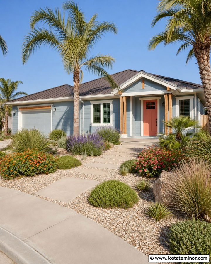 Dusty Blue House With Coral Door And Warm Climate Front Yard - 30 Dusty Blue House Design With Front Yard Ideas