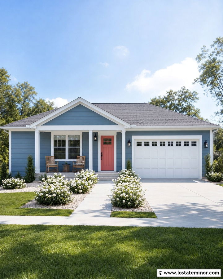 Dusty Blue House With Coral Front Door - 30 Dusty Blue House Design With Front Door Ideas