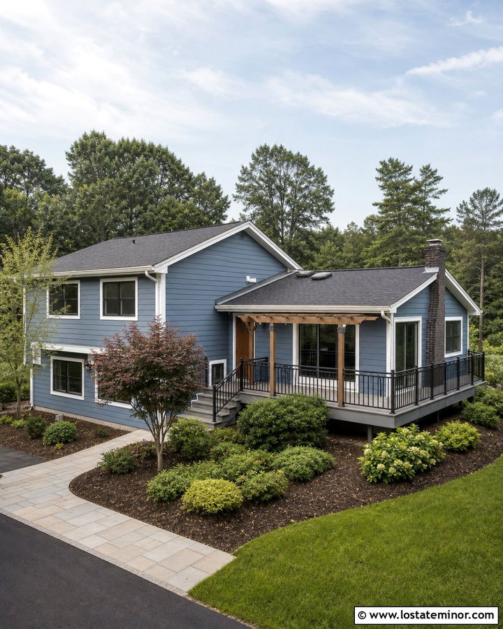 Dusty Blue House With Corner Deck - 30 Dusty Blue House Design With Deck Ideas