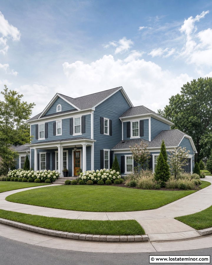 Dusty Blue House With Corner Lot Landscaping - 30 Dusty Blue House Design With Landscaping Ideas
