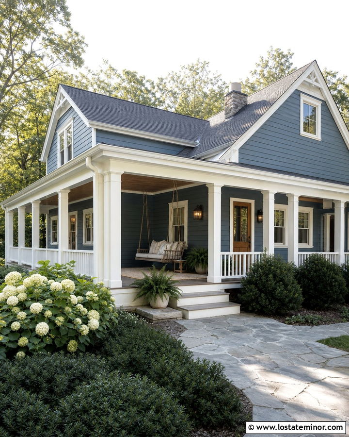 Dusty Blue House With Corner Porch Swing - 30 Dusty Blue House Design With Swing Ideas