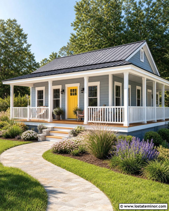 Dusty Blue House With Corner Wrap Awning - 30 Dusty Blue House Design With Awning Ideas