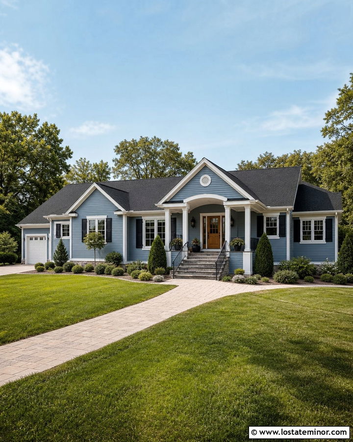 Dusty Blue House With Covered Entry Steps - 30 Dusty Blue House Design With Steps Ideas