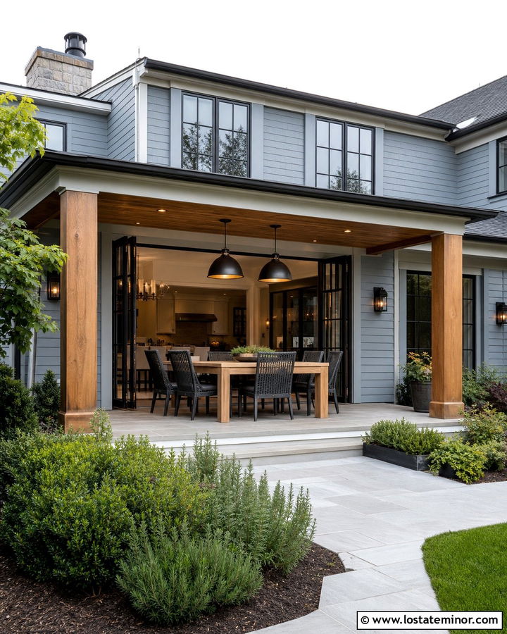 Dusty Blue House With Covered Outdoor Dining - 30 Dusty Blue House Design With Backyard Ideas